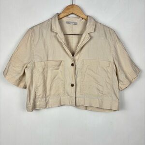 Everlane Cropped Women’s Linen Camp Shirt Warm Khaki L Neutral Minimalist Basic